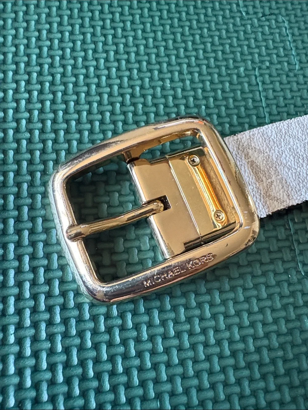 Reversible MK Womens Monogram Leather Belt with Gold Buckle